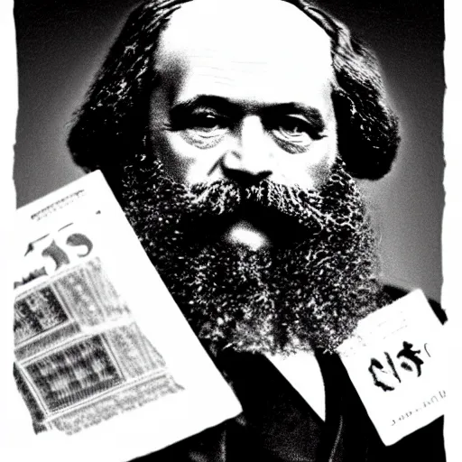 Prompt: karl marx wearing a monocle and top hat while holding a bag of cash outside a stock market, digital art, 4k