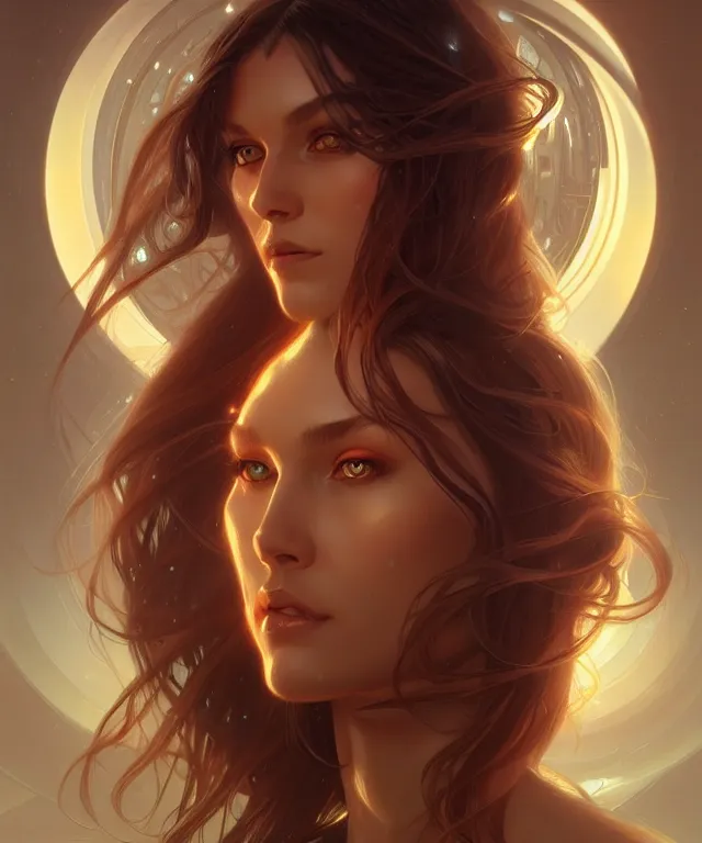 Image similar to futuristic woman portrait, sci-fi, amber eyes, face, long hair, fantasy, intricate, elegant, highly detailed, digital painting, artstation, concept art, smooth, sharp focus, illustration, art by artgerm and greg rutkowski and alphonse mucha