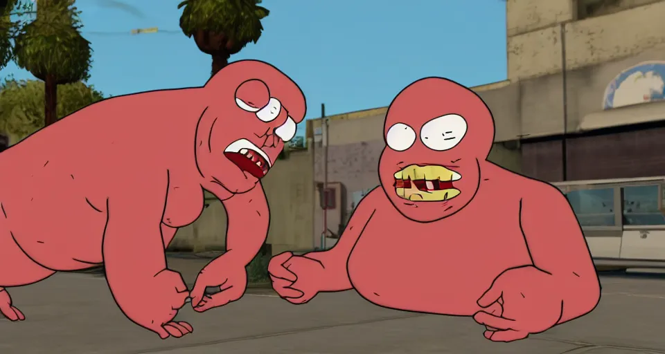 Image similar to Screenshot of Meatwad from Aqua Teen Hunger Force as a 3d character in the videogame 'GTA V'. Sharpened. 1080p. High-res. Ultra graphical settings.