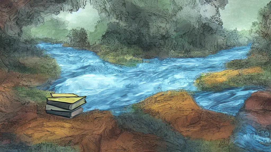 Prompt: digital painting of a river with ( ( books ) ) inside of it,