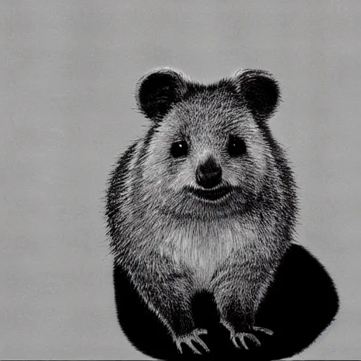 Prompt: monochromatic illustration of a happy quokka, one line, line drawing, unbroken, minimalist