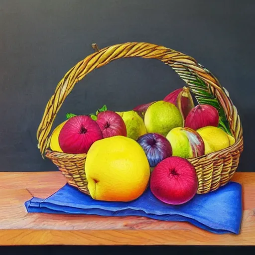 Prompt: a fruit basket on top of a kitchen table, ballpoint pen