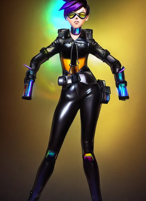 Prompt: full body digital artwork of tracer overwatch, wearing black iridescent rainbow latex, 4 k, expressive happy smug expression, makeup, in style of mark arian, wearing detailed black leather collar, wearing chains, black leather harness, leather cuffs around wrists, detailed face and eyes,