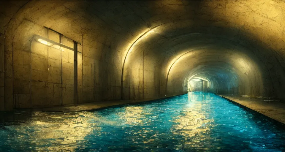 Image similar to a beautiful landscape painting, a single lane tunnel with overhead lights, water running down the walls and pooling, by sam guay, moody lighting, hyperrealism, 4 k, octane render