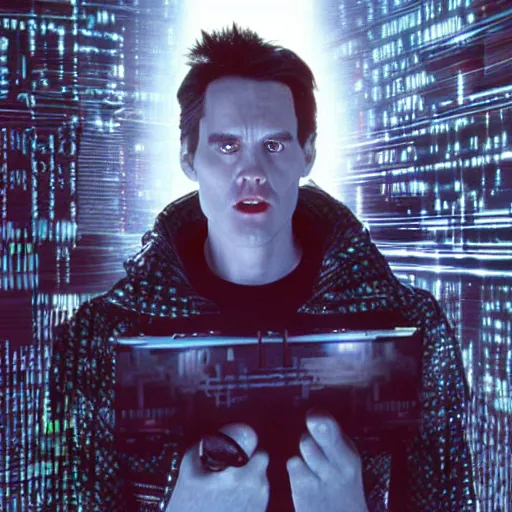 Prompt: very wellmade photo of young Jim Carrey as a scifi futuristic cyberpunk hacker