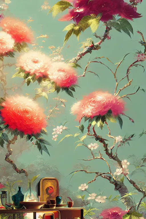 Prompt: Maximalism Chinoiserie floral wallpaper by Craig Mullins, pixar, Anato finnstark