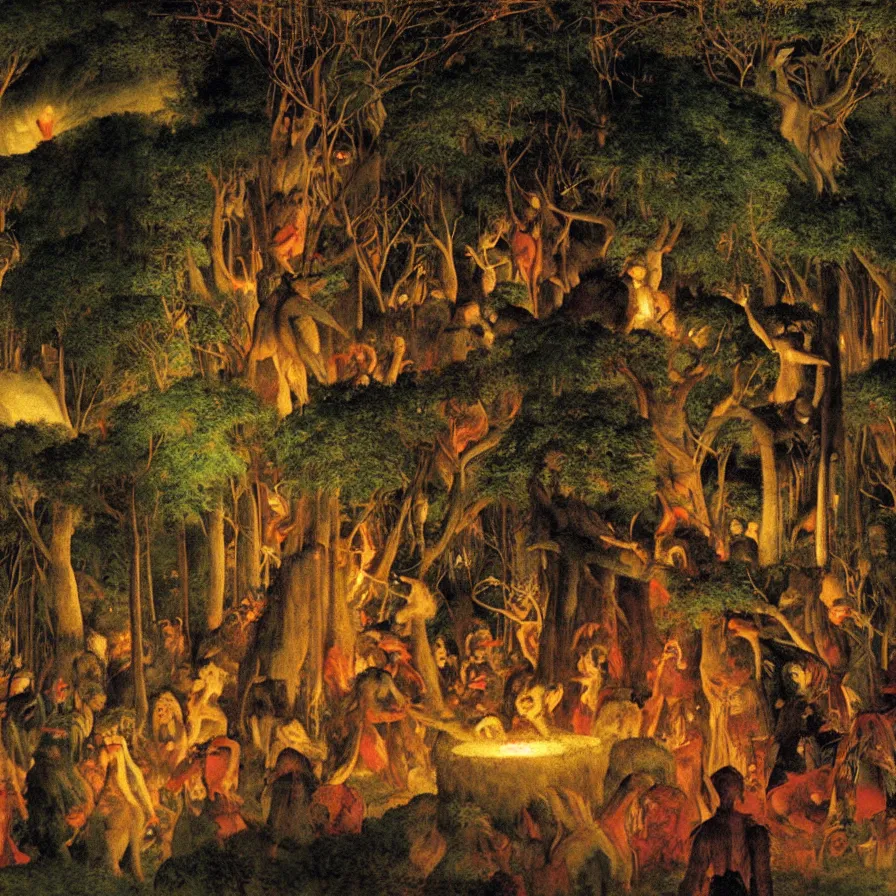 Image similar to closeup of a night carnival inside a tree cavity in a magical forest in the middle of a summer storm, with a music scenario with many fireworks and christmas lights, volumetric lightning, instense god rays in the sky, folklore people disguised with fantastic creatures in a magical forest by summer night, masterpiece painted by pierre puvis de chavannes, very coherent and contrast masterpiece,