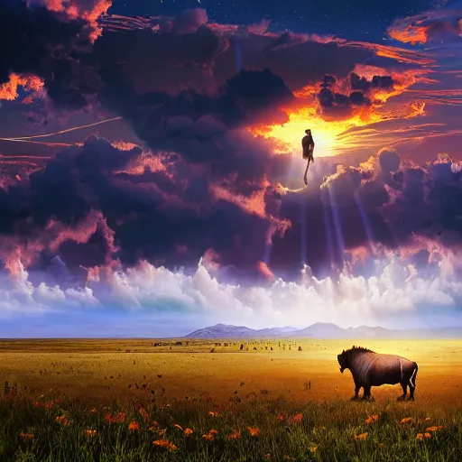 Image similar to a herd of bisons running in the prairie. epic sunset. a lone cowboy is riding on his horse following them. masterpiece. accidentally tripping on dmt and acid, psychedelic experience, overwhelming psychosis of self realization and burning awakening, ultra high definition, unreal engine 5, hyperrealism, masterpiece composition, by casey weldon, barclay shaw 8 k photorealistic