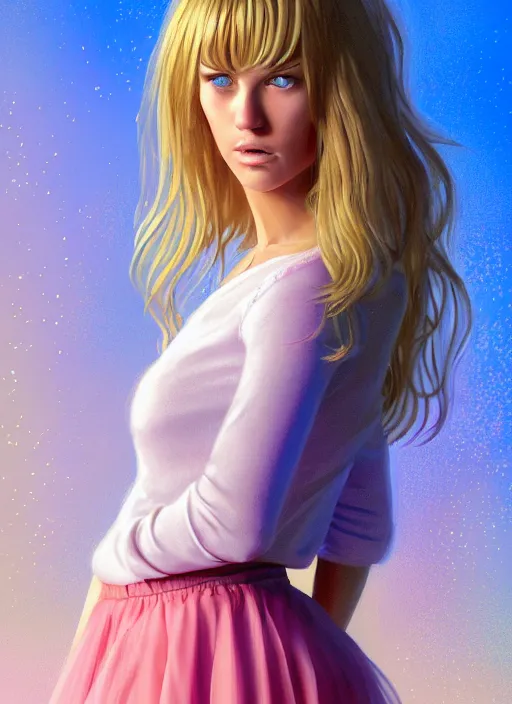 Image similar to full body portrait of teenage bar refaeli, bangs, blue eyes, sultry expression, blond hair, sultry smirk, bangs and wavy hair, pink skirt, intricate, elegant, glowing lights, highly detailed, digital painting, artstation, concept art, smooth, sharp focus, illustration, art by wlop, mars ravelo and greg rutkowski