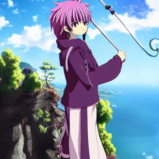Image similar to Kyaru Momochi with staff stands on a cliff, anime