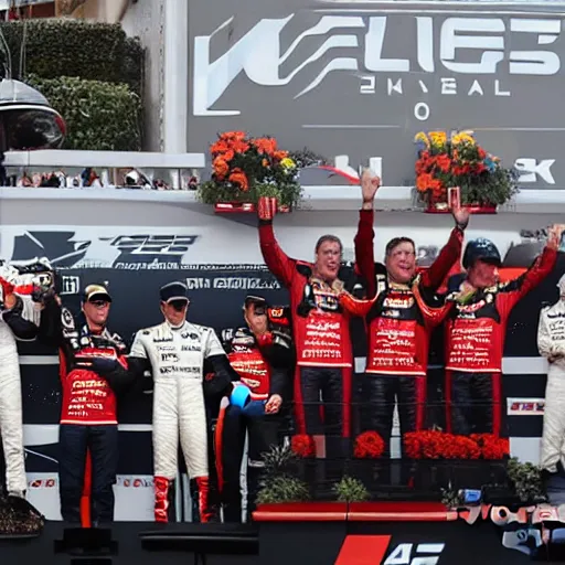 Prompt: of elon musk winning the monaco grand prix, f1, podium shot