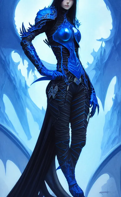 Image similar to Gothic elf princess in dark and blue dragon armor, sci-fi, highly detailed, digital painting, artstation, concept art, smooth, sharp focus, illustration, art by artgerm and greg rutkowski and alphonse mucha