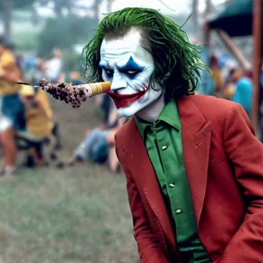 Prompt: photograph of the joker smoking a bong at woodstock, circa 1 9 6 9