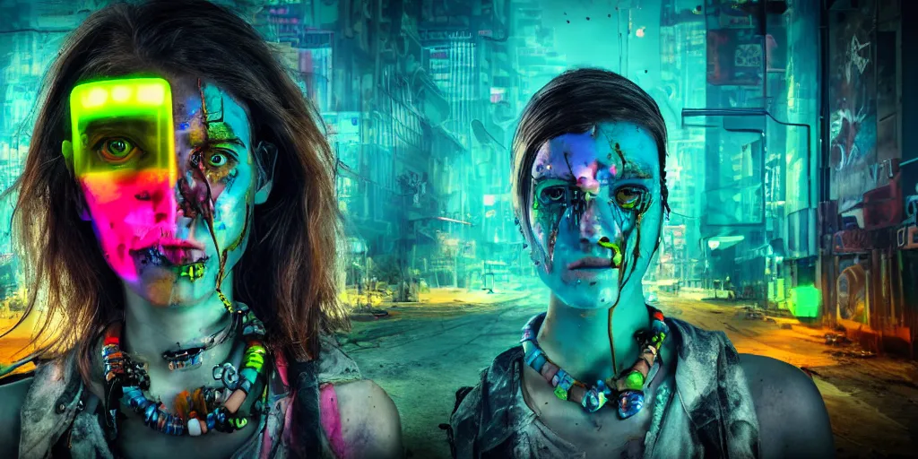 Prompt: post apocalyptic scene with half android half female wearing jewelry along mutated animals and colorful neon from far dystopian city, ultra wild lens, high details, 8k