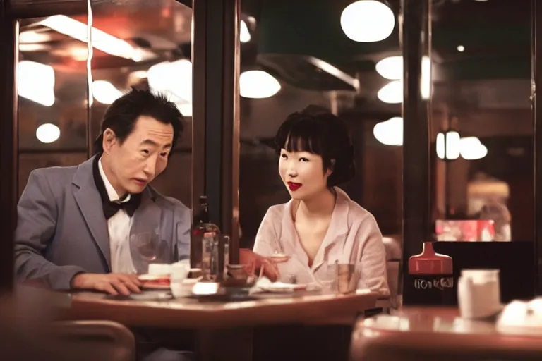 Image similar to movie interior closeup beautiful Japanese couple closeup sitting and talking at 50s diner, night in the city, beautiful skin, by Emmanuel Lubezki