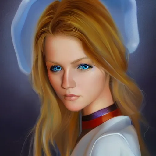 Prompt: Beautiful portrait painting depicting a girl with blue eyes and blonde short wavy hair, in the style of Alex Ross and Futuristic girl, ArtStation trending, concept