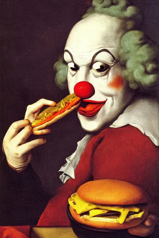 Prompt: clown eating a hamburger by rembrant