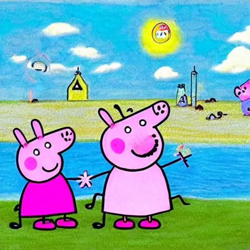 Image similar to Peppa Pig meets the moonmins at last. Peppa Pig and the Moomins eat a picnic in front of the sea. Beautiful drawing