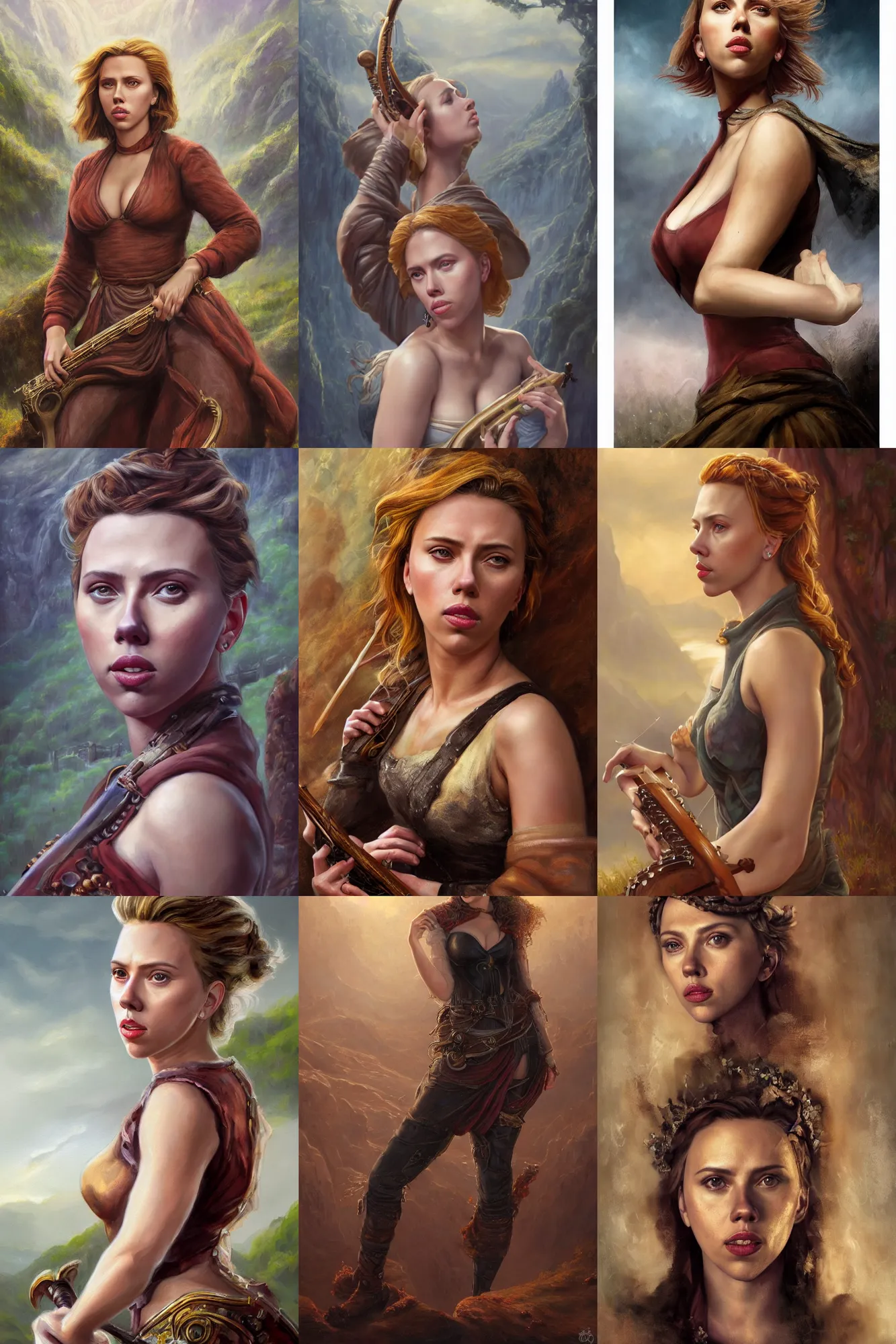 Prompt: a full body high detail fantasy portrait oil painting illustration of scarlett johansson as a beautiful sophisticated posing bard woman by justin sweet with face and body clearly visible, in a scenic background, pupils visible, realistic proportions, d & d, rpg, forgotten realms, artstation trending, high quality, sombre mood, artstation trending, muted colours, entire person visible!