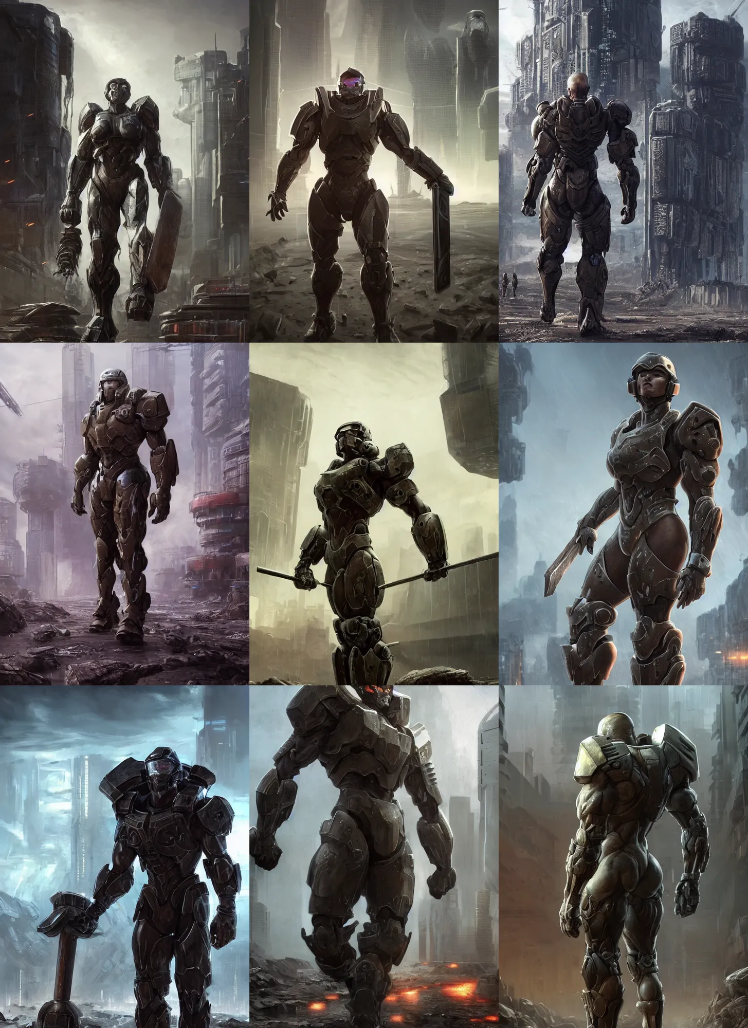 Prompt: a big muscular body builder warrior in armor walking across a cyberpunk wasteland without a helmet, mjolnir mark 6 armor from halo infinite, attractive female face, symmetrical face details, ultra realistic, very highly detailed, 8K, octane, Digital painting, concept art, illustration, rule of thirds, sharp focus, facing camera, centered, good value control, realistic shading