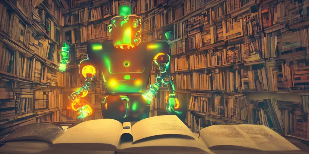 Prompt: A frightening multi armed evil robot devouring books with pipes and tubes and pages floating down, hyperealistic very colourful hdr cinematic lighting cgi render photorealistic cinematic octane render