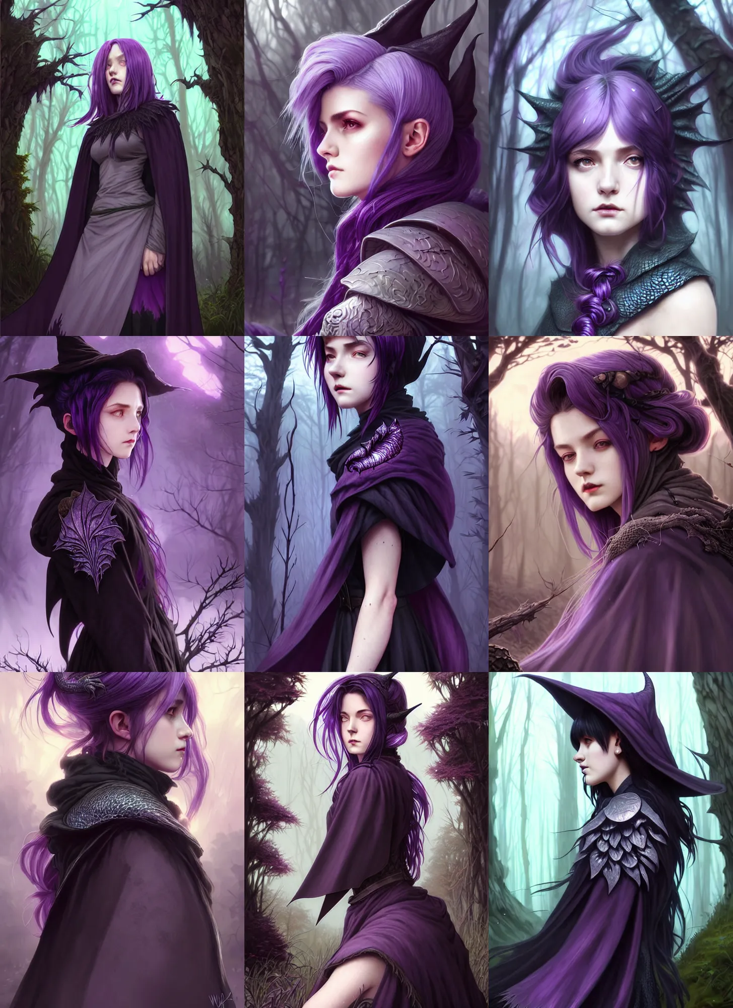 Prompt: side portrait rugged girl, witch school uniform outfit large cloak, fantasy forest landscape, dragon scales, fantasy magic, undercut hairstyle, short purple black fade hair, dark light night, intricate, elegant, sharp focus, illustration, highly detailed, digital painting, concept art, matte, art by wlop and artgerm and greg rutkowski and alphonse mucha, masterpiece