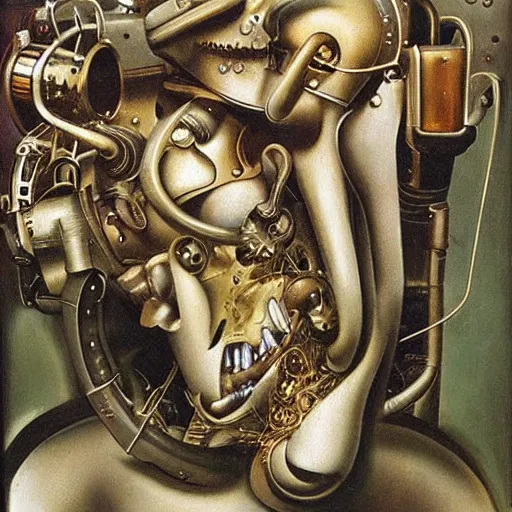 Prompt: Oil painting by Dali. Two mechanical trash gods with animal faces kissing. Oil painting by Hans Bellmer.