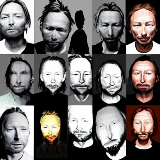 Image similar to versions collage, hyper realistic, many variations of thom yorke, very old, face variations, various emotions, various poses, high quality, brush stroke