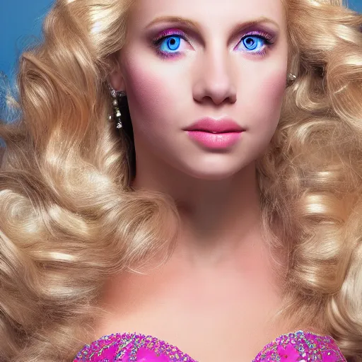 Prompt: close up headshot of a princess with long blonde hair and blue eyes wearing a strapless elaborately beaded pink dress, high resolution film still, 8k, HDR color, film by Simon Langton and David Frankel, diamond shaped face, weak chin