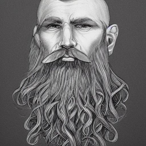 Image similar to bearded male druid gray face pointy ears with vines as hair detailed ultra realistic drawing