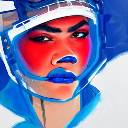 Image similar to close up portrait Zendaya as a futuristic ice hockey player, blue red and white, painted by Conrad Roset, detailed brushstrokes