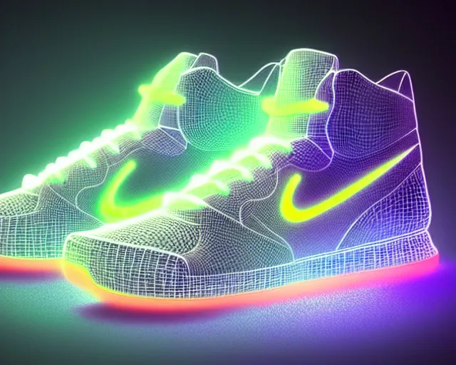 Prompt: A 3D concept desing of futuristic nike sneakers with neon lights from below