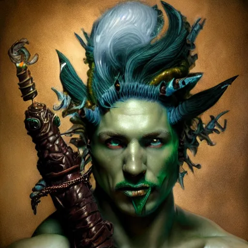 Prompt: a stunning detailed 3d matte portrait of a muscular triton with green hair, wearing leather assassin armor, wielding a staff with a glowing red crystal, male, standing in a maelstrom, by ellen jewett, by tomasz alen kopera, by Justin Gerard, ominous, magical realism, texture, intricate, skull, skeleton, whirling smoke, alchemist bottles, radiant colors, fantasy, dungeons and dragons, dnd, volumetric lighting, high details