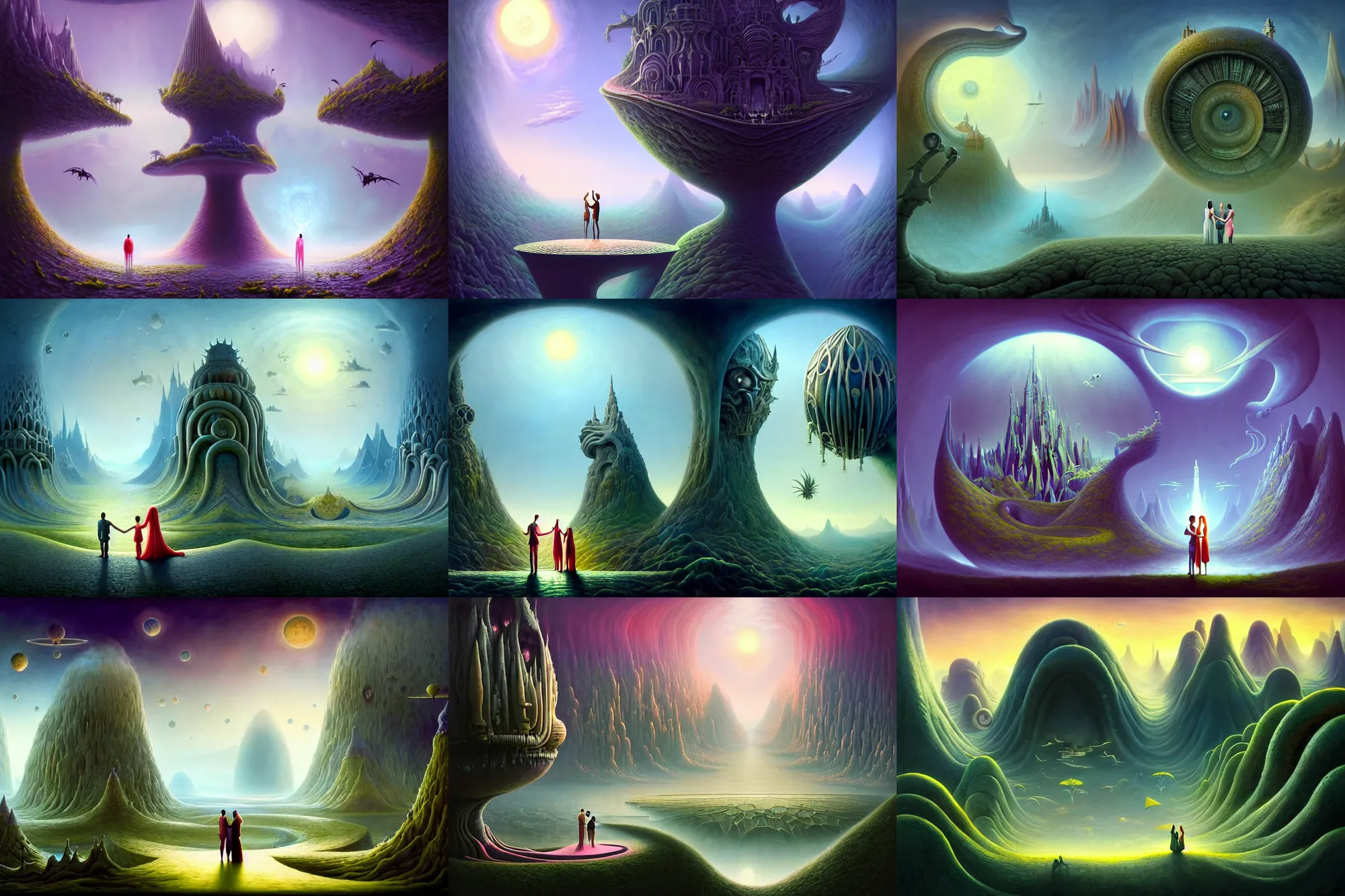 Prompt: a beautiful epic stunning amazing and insanely detailed matte painting of alien dream worlds with surreal architecture designed by Heironymous Bosch, a couple holds hands watching the landscape, mega structures inspired by Heironymous Bosch's Garden of Earthly Delights, vast surreal landscape and horizon by Cyril Rolando and Andrew Ferez and Greg Rutkowski, rich pastel color palette, masterpiece!!, grand!, imaginative!!!, whimsical!!, epic scale, intricate details, sense of awe, elite, fantasy realism, complex composition, 4k, 8k, HD, wallpaper, octane render, artstation