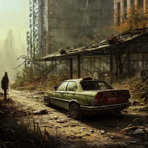 Prompt: postapocalyptic city of munic!!!, wild forest!!! vegetation!!!, small rubble!!, rusty bmw cars!!, hyperrealistic, highly detailed, cinematic, sunny light, beautiful, cgssociety, artstation, 8 k, oil painting by greg rutkowski, by artgerm, by wlop