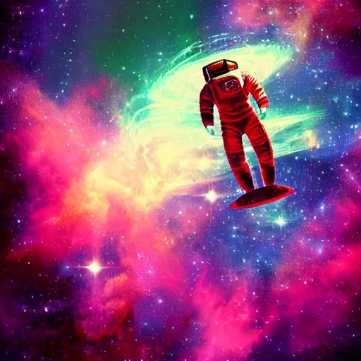 Prompt: Art Deco image of an amazed astronaut floating near a nebula. 8k resolution. Digital Art.