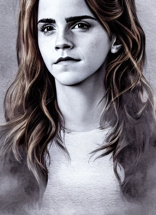 Image similar to portrait of emma watson as hermione granger. beautiful. happy. art by shinji aramaki. extremely detailed. 4 k.