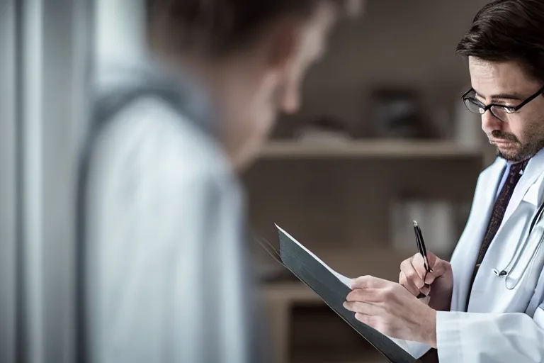 Image similar to a cinematic headshot portrait of an doctor reading his notes, moody lighting, movie still, shallow depth of field, muted colors