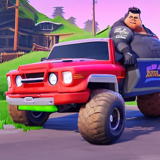 Image similar to fat john cena driving a car with really big tires, super big tires, chonky tires, fortnite screenshot. Chonkers. Chonk.