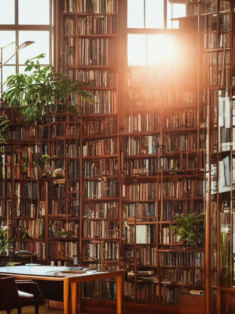 Image similar to A beautiful office room with mahogany bookcases and many beautiful plants and sunset light coming through the windows