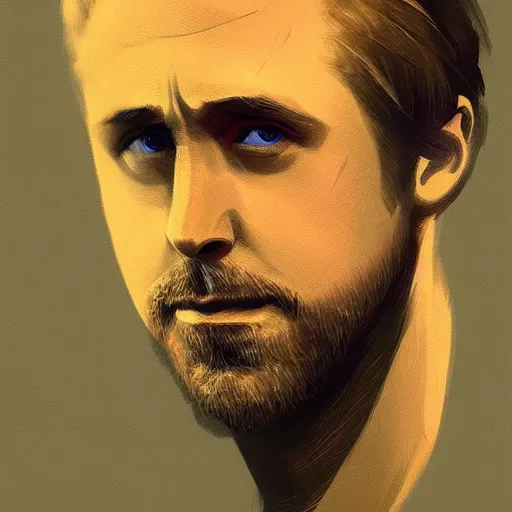 Image similar to “Portrait of Ryan Gosling by Greg Rutkowski, young, attractive, highly detailed portrait, scifi, digital painting, artstation, concept art, smooth, sharp foccus ilustration, Artstation HQ”