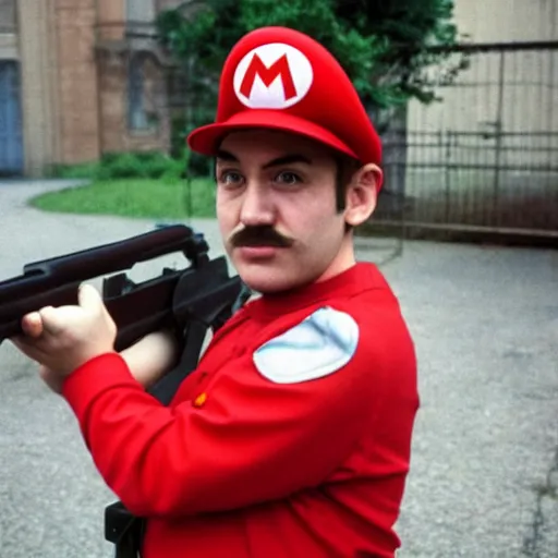 Image similar to cosplay mario in the ussr during the great purge with machine guns,