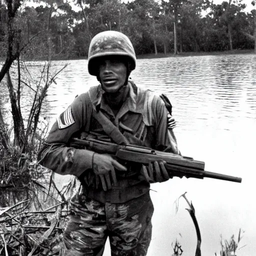 Prompt: american soldier in the swamps of louisiana in the 1 9 5 0 s holding an m 1 garand photograph