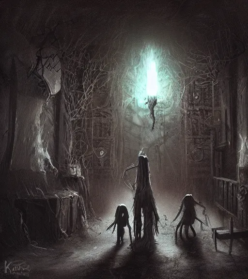 Image similar to gothic decaying pyromancers, digital painting, liminal eerie midnight backlit, a picture taken by Daniel Dos Santos and Michael Komarck