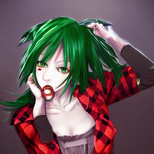 Prompt: an intimidating female flower plant youkai woman, yuuka kazami, with short wavy green hair and burning piercing sexy red eyes red eyes, wearing a red plaid dress, 4 k digital beautiful detailed touhou character art portrait