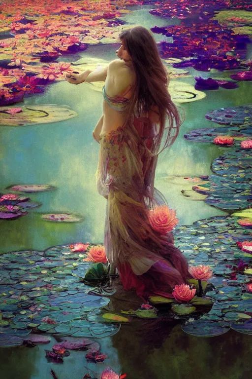 Prompt: a beautifull intricate painting of a disembodied soul surrounded by flowing flower petals and waterlily leaves, vivid colors, artstation, by jeremy mann, by alphonse mucha, intense colors, octane render
