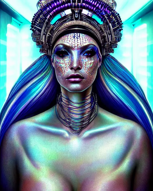 Image similar to hyperrealistic detailed portrait of a beautiful goddess in an iridescent cyber headdress, intricate cyberpunk make - up, art by android jones, john william godward, nekro borja, h. r. giger, gothic - cyberpunk,