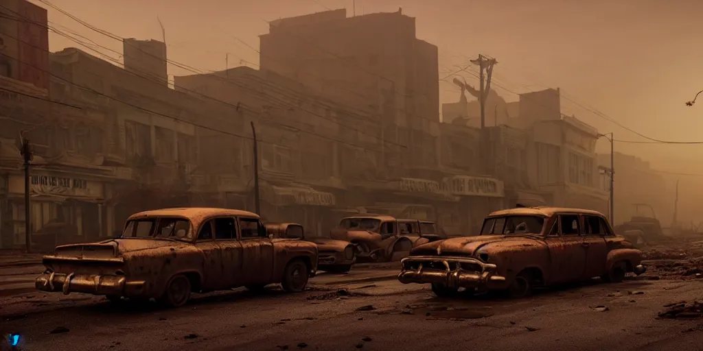 Image similar to fallout 5, ruined city environment, low density small town, rusted vintage cars and trucks, mysterious atmospheric lighting, matte painting, intricate, iridescent, volumetric lighting, beautiful, rich deep colours masterpiece, fog golden hour, golden ratio, sharp focus, ultra detailed, by leesha hannigan, ross tran, thierry doizon, kai carpenter, ignacio fernandez rios