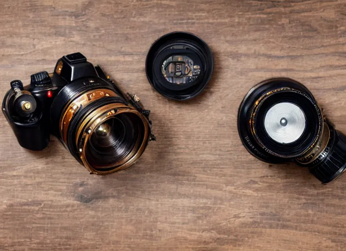 Image similar to a steampunk dslr camera on a wooden table, tubes, dials, studio light, edge lit, detailed, product photography