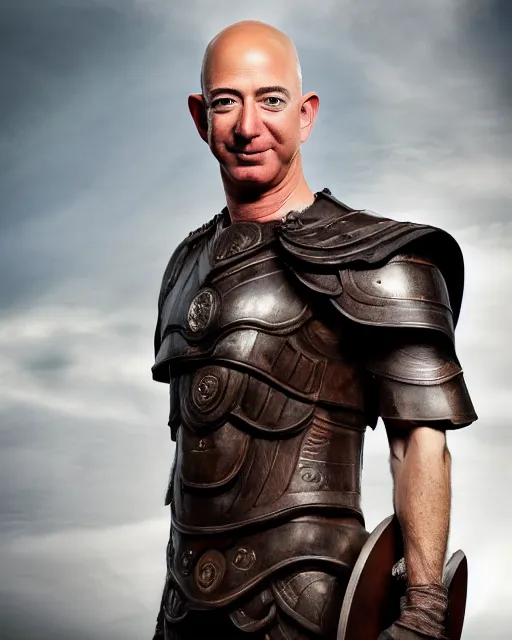 Prompt: portrait photograph of Jeff Bezos as a Spartan King, DSLR photography